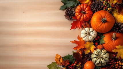 Autumnal pumpkins, leaves, and berries on wood background with copy space.