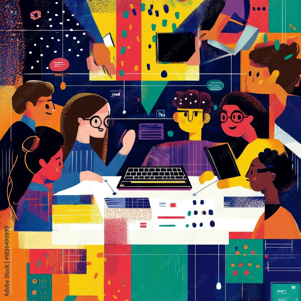 Aufkleber a diverse group of people working together on a project with a keyboard in the middle, surrounded by