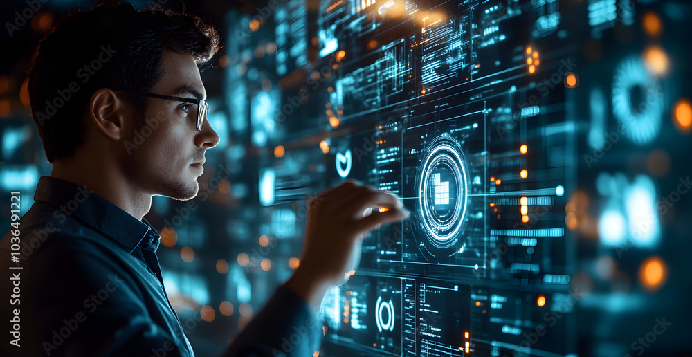 Poster a man is looking at a computer screen with a lot of numbers and symbols
