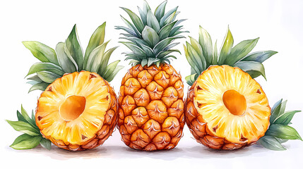 Vector watercolor illustration of pineapple with two slices. Isolated on white
