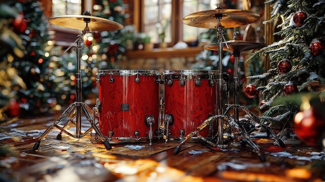 A vibrant red drum set surrounded by elegant holiday decorations in a cozy wooden room during the festive season