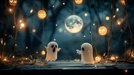 Two cute ghosts play under a full moon with Halloween decorations in a spooky forest setting.