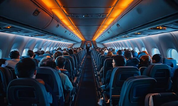 Interior view of an airplane cabin filled with passengers.