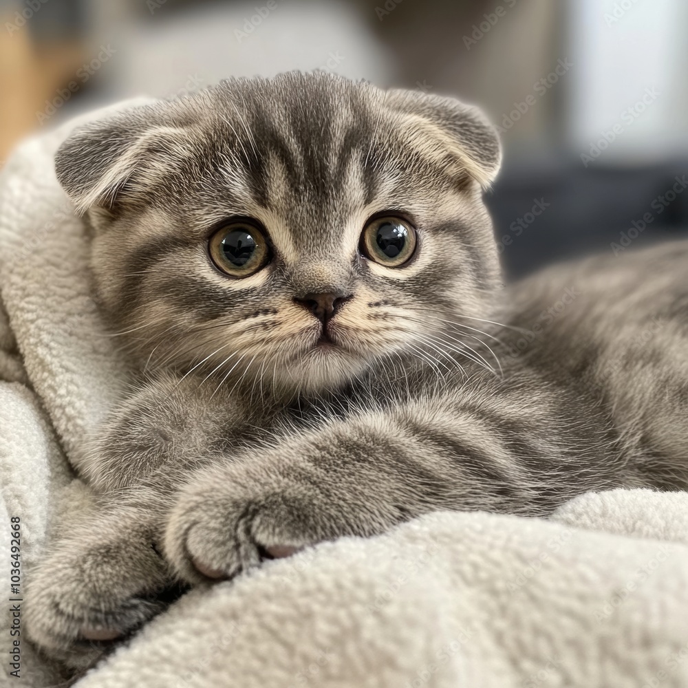 Poster a charming scottish fold kitten lounging playfully on a cozy surface, its distinct folded ears addin