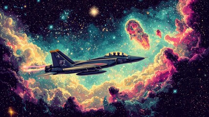 Obraz premium A fighter jet flies through a galaxy of stars and nebulae.