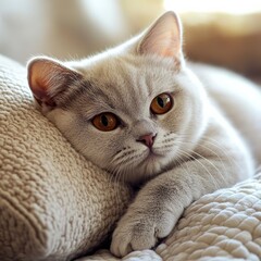 A charming British Shorthair kitten lying comfortably on a soft pillow, its round face and plush fur enhancing its cuddly appearance