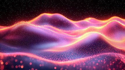 Vibrant digital landscape with flowing waves and glowing particles in a mesmerizing abstract design at night