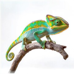 Obraz premium A vibrant green and blue chameleon with yellow accents perches on a branch against a white background.