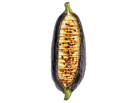 Nasu Dengaku Grilled eggplant topped with a sweet miso glaze presented on a glass platter
