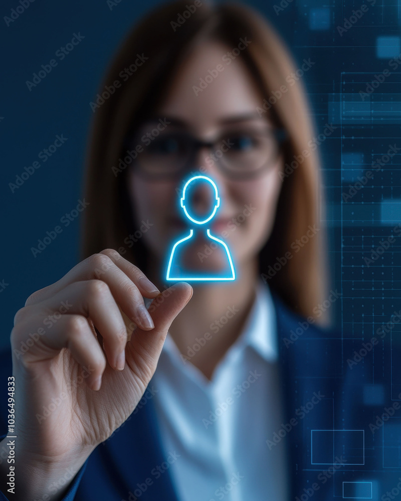 Poster a woman in a blazer utilizes holographic technology to create a glowing user icon, symbolizing digit