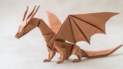 A detailed origami dragon crafted from brown paper, showcasing intricate folds and an impressive wingspan.
