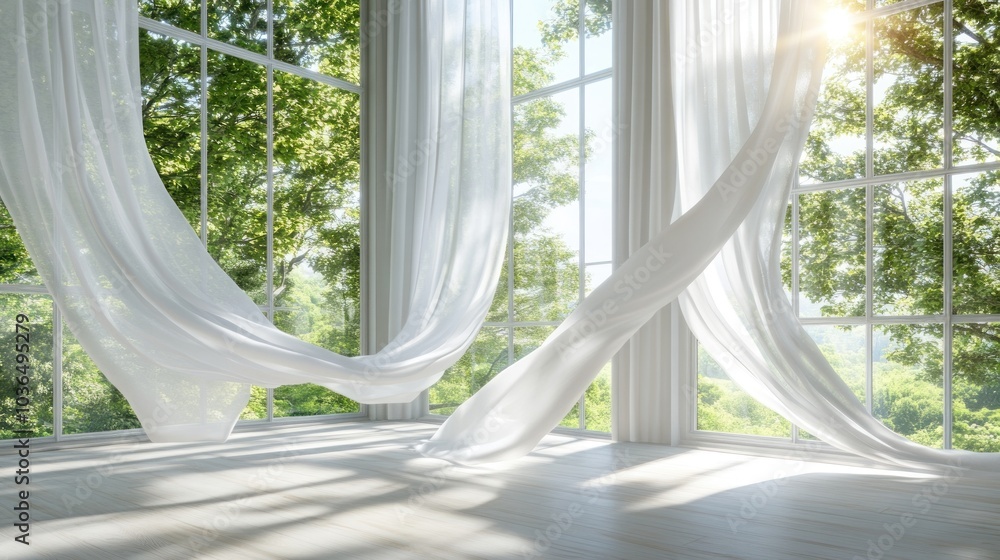 Poster sunlight streams through a large window with white curtains blowing in the breeze, illuminating a br