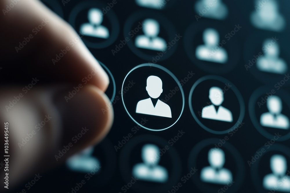 Poster a hand selecting a user icon from a grid of similar icons, symbolizing digital interaction, choices,