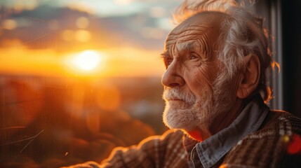 sad and lonely old man beside nursing home window in the morning sunrise. 