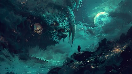 A Lone Figure Gazes Up at a Giant Skull in a Surreal Night Sky