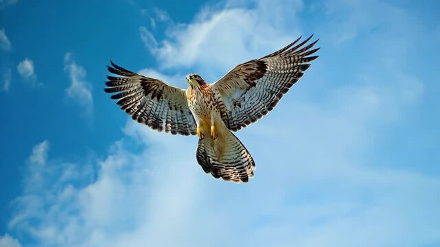 A buzzard with a brown and white body flies through the sky. The bird is soaring high above the clouds, taking advantage of the clear blue sky. Concept of freedom and grace