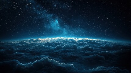 Fototapeta premium Mysterious view of starry night sky above dense clouds with glowing horizon at twilight over a vast expanse of the universe