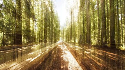 Fototapeta premium A surreal view of a forest pathway with abstract light reflections and motion blur, creating a dreamlike natural scene.