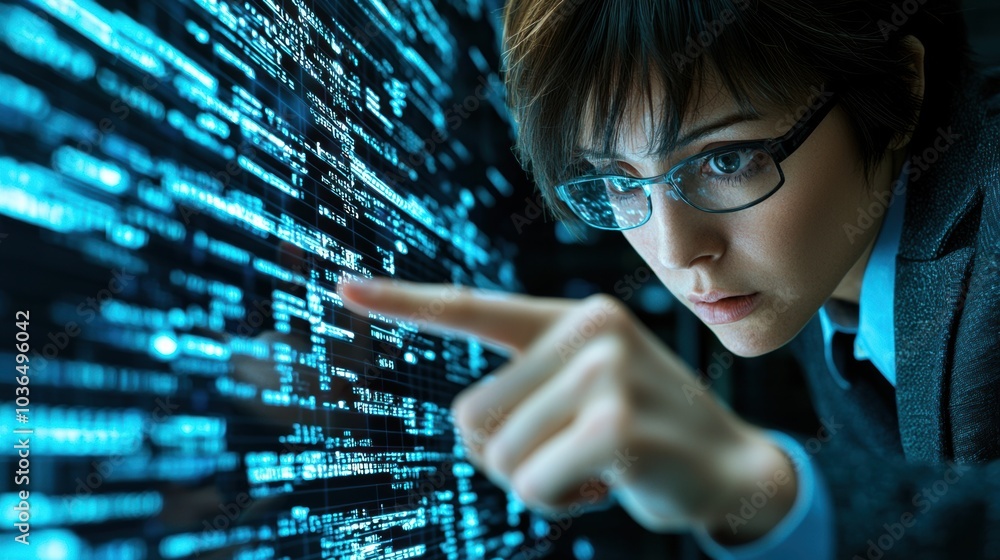 Poster young programmer intensely focused on complex code and digital matrix