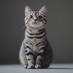 Fototapeta premium A curious American Shorthair cat with distinct tabby stripes, sitting upright and looking directly at the camera with an inquisitive gaze