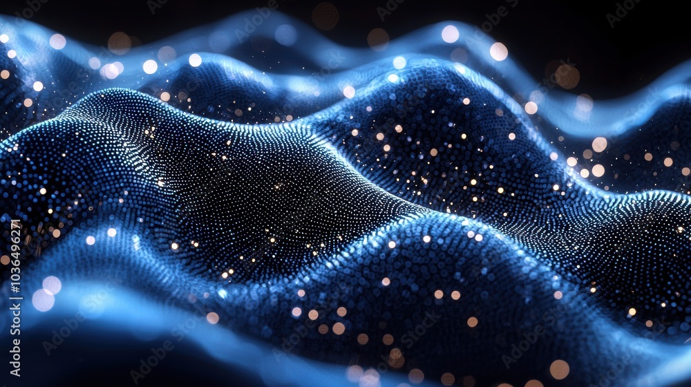 Poster dynamic blue and gold waves of light creating a mesmerizing pattern in a dark setting at nighttime