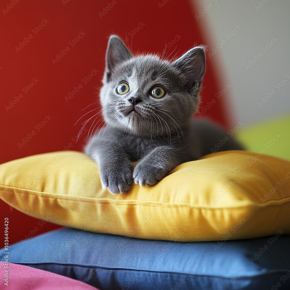 Poster a curious grey kitten looking up with wide eyes, playfully perched on a stack of colorful cushions, 