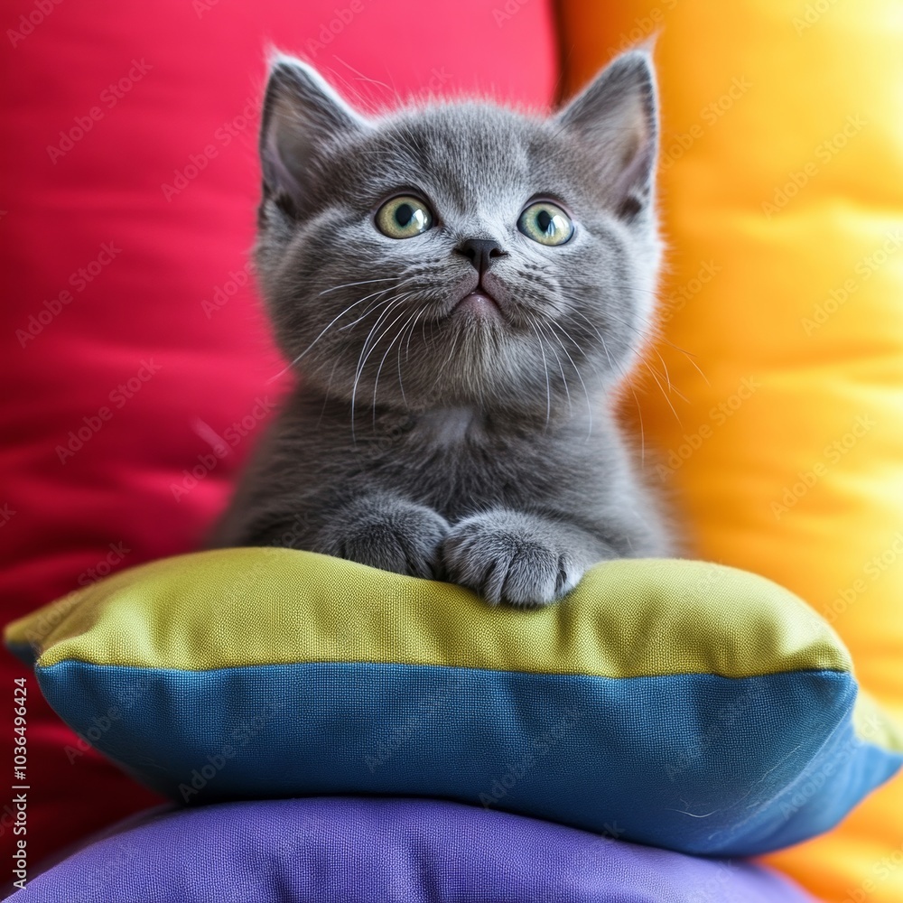 Poster a curious grey kitten looking up with wide eyes, playfully perched on a stack of colorful cushions, 