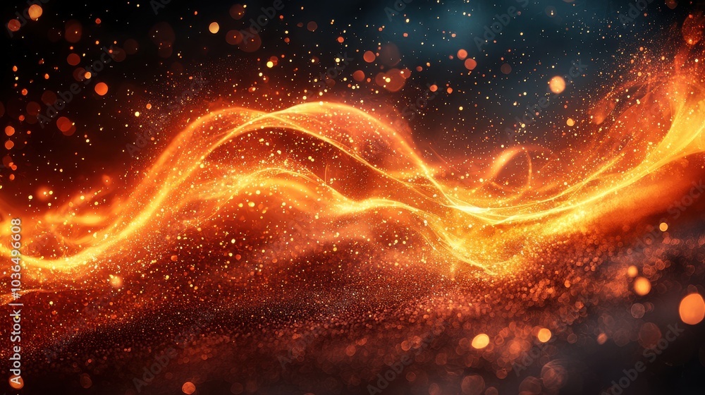 Poster abstract orange and red glowing waves with sparkling particles create a dynamic and vibrant atmosphe