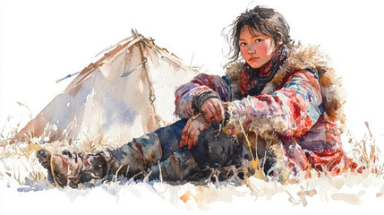 Pink watercolor painting of Siberian Nenets girl in nomadic camp
