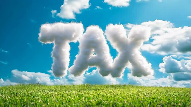 The image is a cloud of words that spell out the word tax. The clouds are scattered throughout the sky, with some appearing closer to the bottom of the image and others higher up