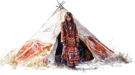 Fototapeta premium Red watercolor painting of Siberian Nenets girl in nomadic camp