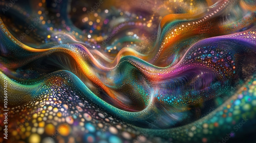 Poster abstract colorful wavy background with glowing particles and bokeh lights.
