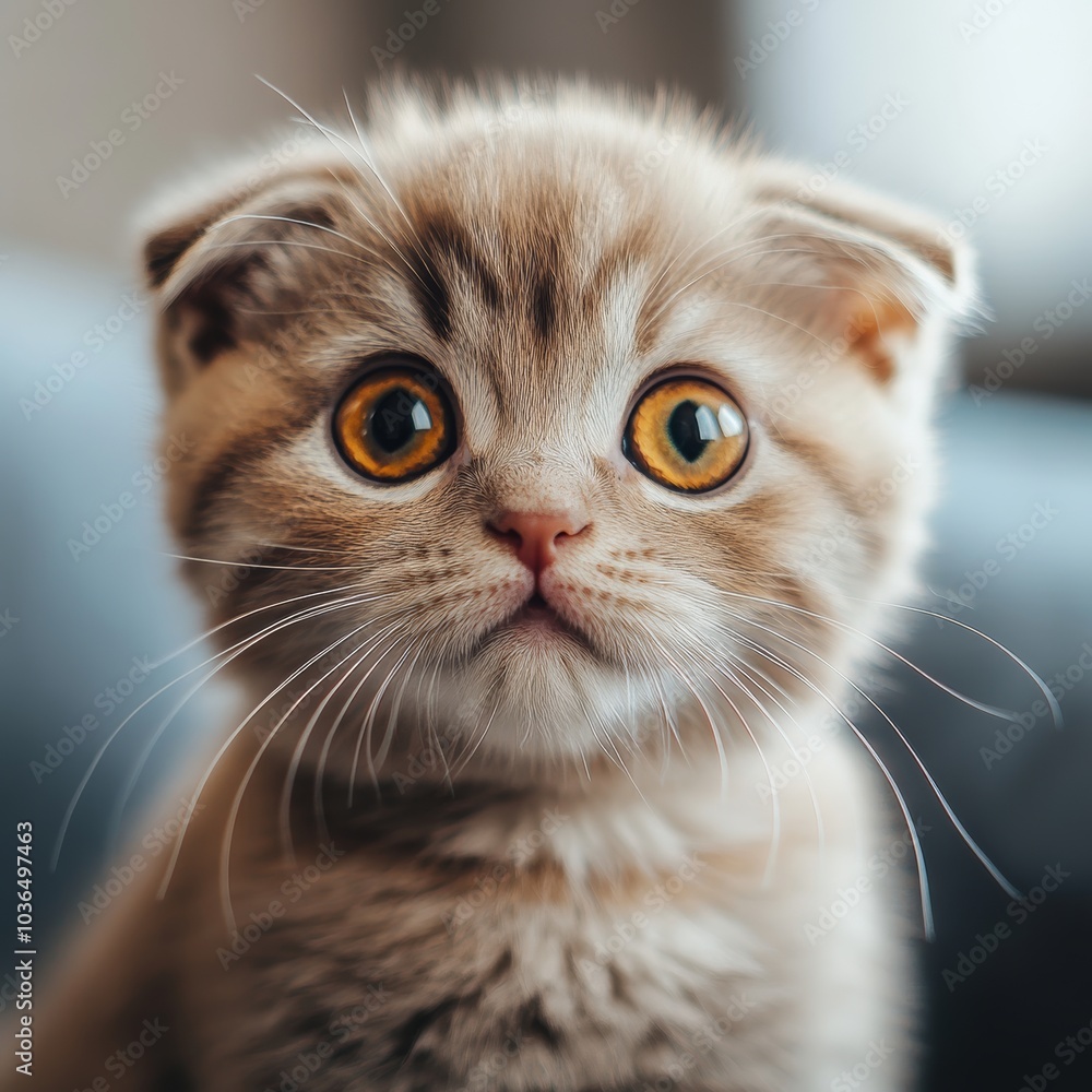 Poster a curious scottish fold kitten looking playfully at the camera, its distinct folded ears adding to i