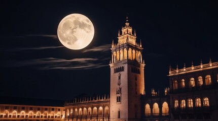 Naklejka premium A majestic nocturne scene of Seville's Giralda Tower, the ancient Moorish-inspired bell tower, standing tall and proud, bathed in the soft