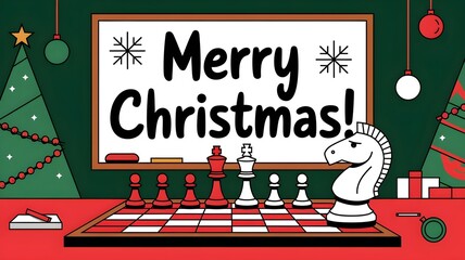 a chess themed merry christmas illustration with