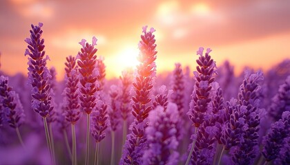 Purple lavender flowers against sunset. This photo features a close-up of lavender blossoms, capturing the beauty of a field during golden hour.