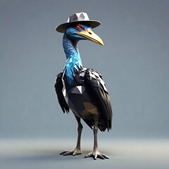 low poly style of the Cassowary bird wears a black hat and long yellow beak, black background. generative ai.