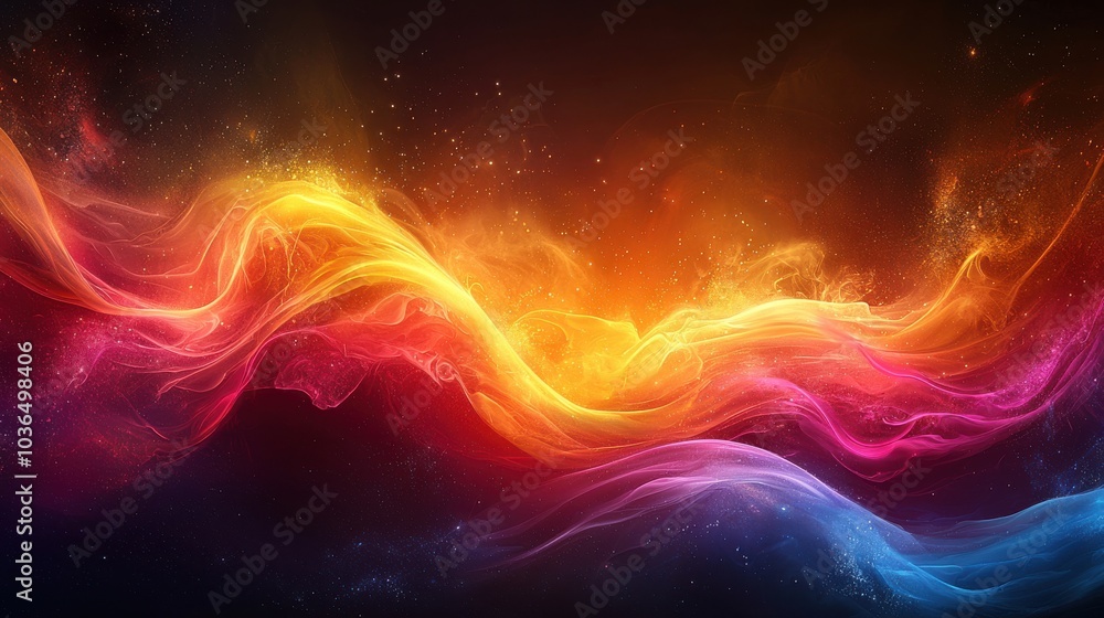 Poster colorful waves of abstract light and energy flow through a dark background, creating a mesmerizing v
