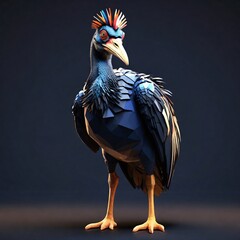 Low poly style of The cassowary is black, has a long yellow beak, and has a colorful crested head. black background. generative ai.