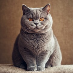 A fluffy Scottish Shorthair cat playfully sitting on a soft surface, its round face and plush fur capturing the essence of cuteness