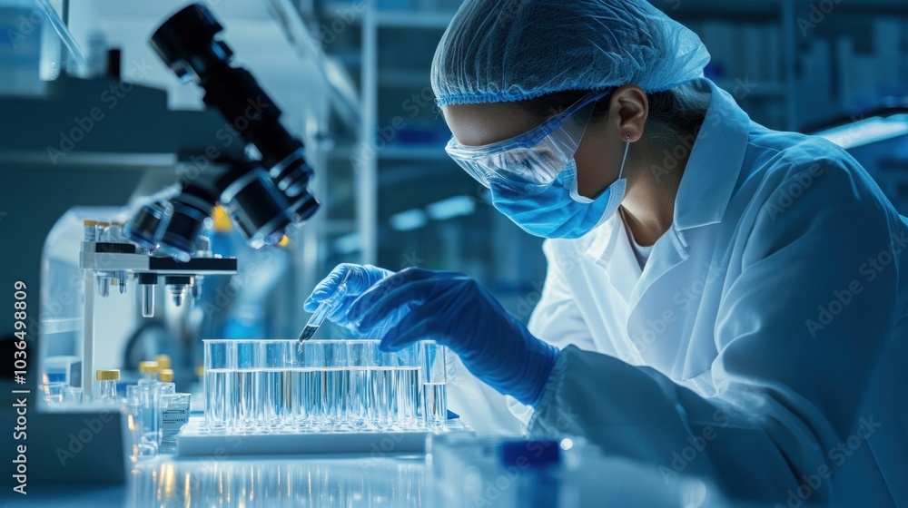 Poster a scientist in a lab coat and protective gear works with test tubes and a microscope.