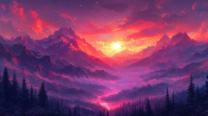 Obraz premium Majestic sunset over mountains with vibrant colors illuminating the serene valley below during twilight hours