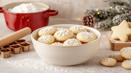Fototapeta premium A cozy scene featuring freshly baked cookies dusted with powdered sugar, set on a festive table with baking supplies and a touch of holiday decor.