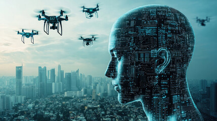 Robot heads, urban buildings, and drones