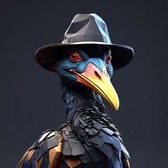 low poly style of the head of the Cassowary bird wears a black hat and long yellow beak, black background. generative ai.