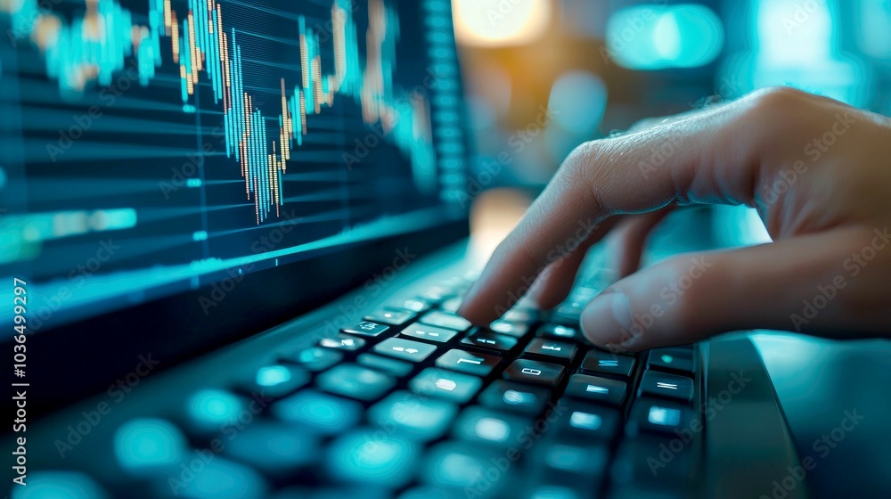 Poster a hand is typing on a laptop keyboard in front of a stock chart.