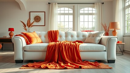 Drone Photography of Sunlit Red and Orange Living Room with White Sofa for Interior Design Inspiration