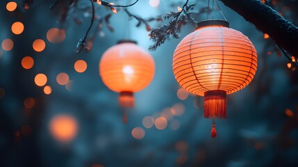 Fototapeta premium Red Chinese New Year mockup with hanging lanterns and festive red decorations