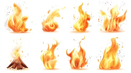 Collection of various fire flames on a white isolated background.
