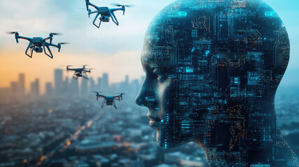 Robot heads, urban buildings, and drones